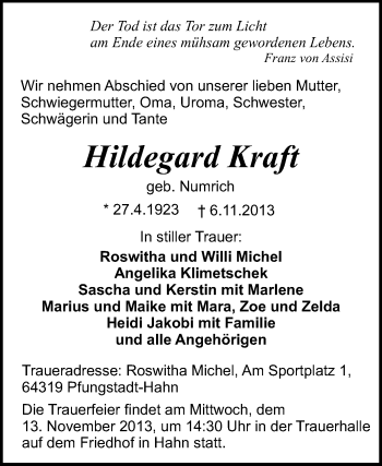Traueranzeige von Hildegard Kraft von Echo-Zeitungen (Gesamtausgabe)