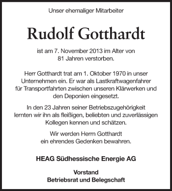 Traueranzeige von Rudolf Gotthardt von Echo-Zeitungen (Gesamtausgabe)
