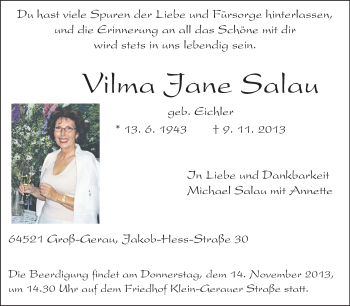 Traueranzeige von Vilma Jane Salau von Rüsselsheimer Echo, Groß-Gerauer-Echo, Ried Echo