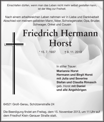 Traueranzeige von Friedrich Hermann Horst von Rüsselsheimer Echo, Groß-Gerauer-Echo, Ried Echo