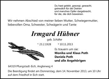 Traueranzeige von Irmgard Hübner  von Echo-Zeitungen (Gesamtausgabe)