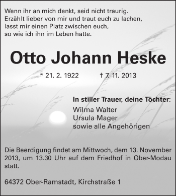 Traueranzeige von Otto Johann Heske von Echo-Zeitungen (Gesamtausgabe)