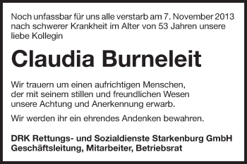 Traueranzeige von Claudia Burneleit von Echo-Zeitungen (Gesamtausgabe)