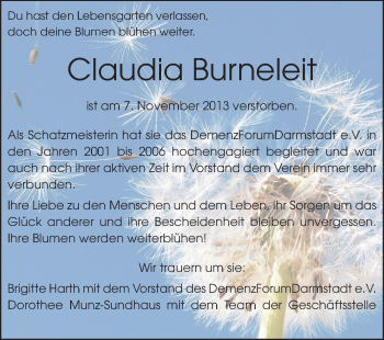 Traueranzeige von Claudia Burneleit von Echo-Zeitungen (Gesamtausgabe)