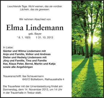 Traueranzeige von Elma Lindemann von Rüsselsheimer Echo, Groß-Gerauer-Echo, Ried Echo