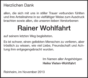 Traueranzeige von Rainer Wohlfahrt von Echo-Zeitungen (Gesamtausgabe)