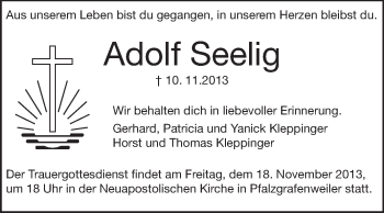 Traueranzeige von Adolf Seelig von Darmstädter Echo, Odenwälder Echo, Rüsselsheimer Echo, Groß-Gerauer-Echo, Ried Echo