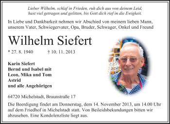 Traueranzeige von Wilhelm Siefert von Odenwälder Echo