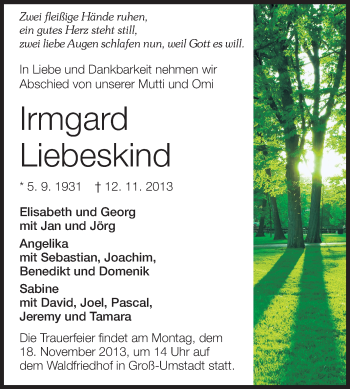 Traueranzeige von Irmgard Liebeskind von Echo-Zeitungen (Gesamtausgabe)