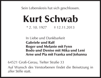 Traueranzeige von Kurt Schwab von Rüsselsheimer Echo, Groß-Gerauer-Echo, Ried Echo