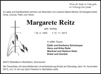Traueranzeige von Margarete Reitz von Rüsselsheimer Echo, Groß-Gerauer-Echo, Ried Echo