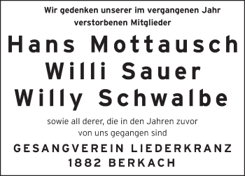 Traueranzeige von Geangsverein Liederkrank 1882 Berkach gedenkt von Rüsselsheimer Echo, Groß-Gerauer-Echo, Ried Echo