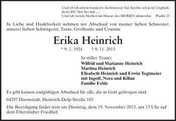Traueranzeige von Erika Heinrich von Echo-Zeitungen (Gesamtausgabe)