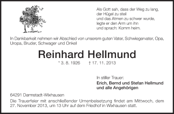 Traueranzeige von Reinhard Hellmund von Echo-Zeitungen (Gesamtausgabe)