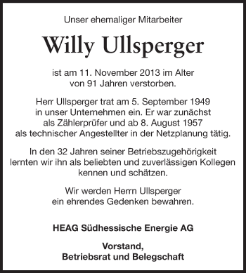 Traueranzeige von Willy Ullsperger von Echo-Zeitungen (Gesamtausgabe)