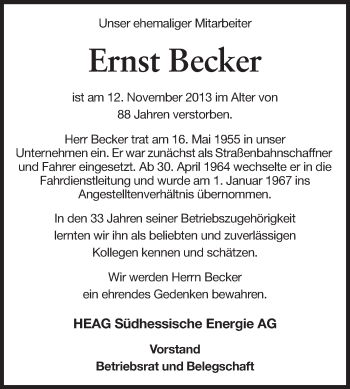 Traueranzeige von Ernst Becker von Echo-Zeitungen (Gesamtausgabe)