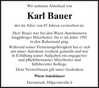 Traueranzeige von Karl Bauer von Echo-Zeitungen (Gesamtausgabe)
