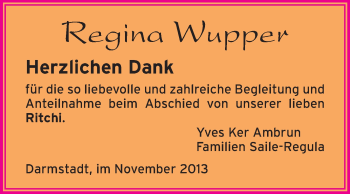 Traueranzeige von Regina Wupper von Echo-Zeitungen (Gesamtausgabe)