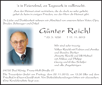Traueranzeige von Günter Reichl von Echo-Zeitungen (Gesamtausgabe)