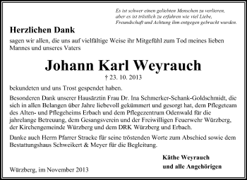 Traueranzeige von Johann Karl Weyrauch von Odenwälder Echo