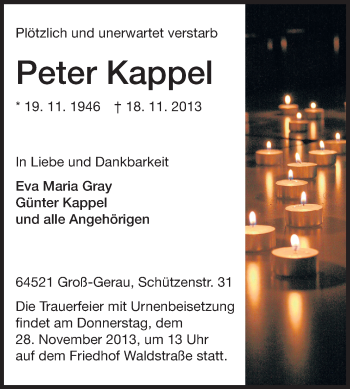 Traueranzeige von Peter Kappel von Rüsselsheimer Echo, Groß-Gerauer-Echo, Ried Echo
