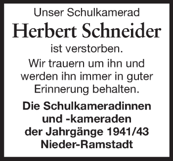 Traueranzeige von Herbert Schneider von Echo-Zeitungen (Gesamtausgabe)