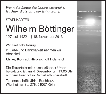 Traueranzeige von Wilhelm Böttinger von Echo-Zeitungen (Gesamtausgabe)