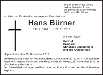 Traueranzeige von Hans Bürner von Starkenburger Echo