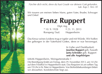 Traueranzeige von Franz Ruppert von Starkenburger Echo