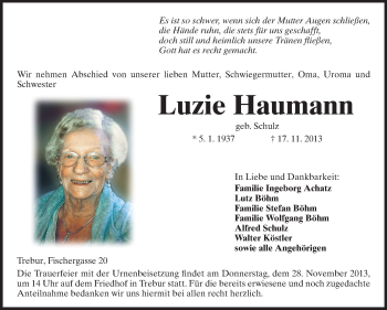 Traueranzeige von Luzie Haumann von Rüsselsheimer Echo, Groß-Gerauer-Echo, Ried Echo
