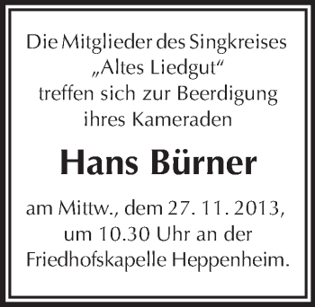Traueranzeige von Hans Bürner von Starkenburger Echo