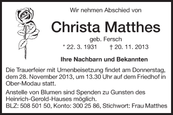 Traueranzeige von Christa Matthes von Echo-Zeitungen (Gesamtausgabe)