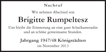 Traueranzeige von Brigitte Rumpeltesz von Rüsselsheimer Echo, Groß-Gerauer-Echo, Ried Echo