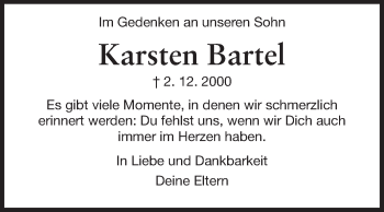 Traueranzeige von Karsten Bartel von Darmstädter Echo, Odenwälder Echo, Rüsselsheimer Echo, Groß-Gerauer-Echo, Ried Echo