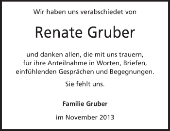 Traueranzeige von Renate Gruber von Echo-Zeitungen (Gesamtausgabe)
