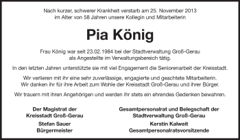 Traueranzeige von Pia König von Rüsselsheimer Echo, Groß-Gerauer-Echo, Ried Echo