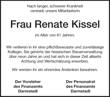 Traueranzeige von Renate Kissel von Echo-Zeitungen (Gesamtausgabe)