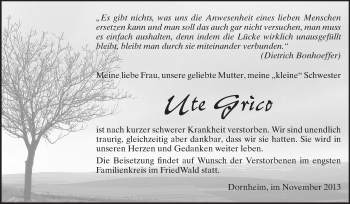 Traueranzeige von Ute Grico von Rüsselsheimer Echo, Groß-Gerauer-Echo, Ried Echo