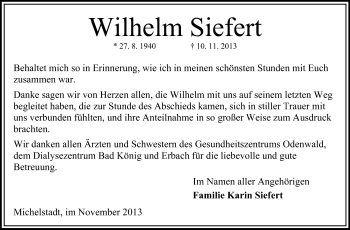 Traueranzeige von Wilhelm Siefert von Odenwälder Echo