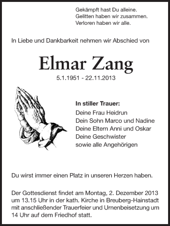 Traueranzeige von Elmar Zang von Odenwälder Echo
