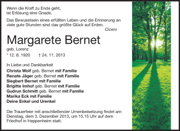Traueranzeige von Margarete Bernet von Starkenburger Echo