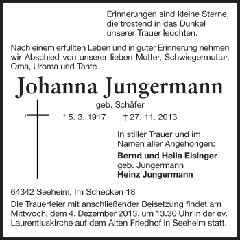 Traueranzeige von Johanna Jungermann von Echo-Zeitungen (Gesamtausgabe)
