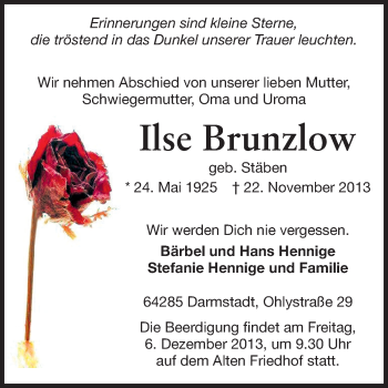 Traueranzeige von Ilse Brunzlow von Echo-Zeitungen (Gesamtausgabe)
