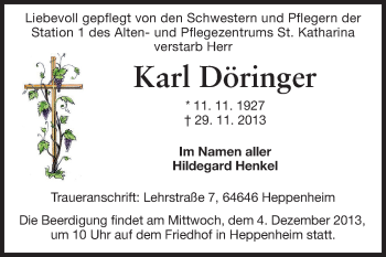 Traueranzeige von Karl Döringer von Starkenburger Echo