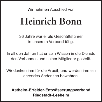 Traueranzeige von Heinrich Bonn von Rüsselsheimer Echo, Groß-Gerauer-Echo, Ried Echo