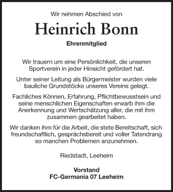 Traueranzeige von Heinrich Bonn von Rüsselsheimer Echo, Groß-Gerauer-Echo, Ried Echo