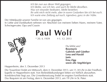 Traueranzeige von Paul Wolf von Starkenburger Echo