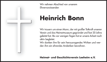 Traueranzeige von Heinrich Bonn von Rüsselsheimer Echo, Groß-Gerauer-Echo, Ried Echo