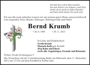 Traueranzeige von Bernd Krumb von Rüsselsheimer Echo, Groß-Gerauer-Echo, Ried Echo