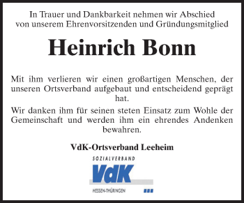 Traueranzeige von Heinrich Bonn von Rüsselsheimer Echo, Groß-Gerauer-Echo, Ried Echo